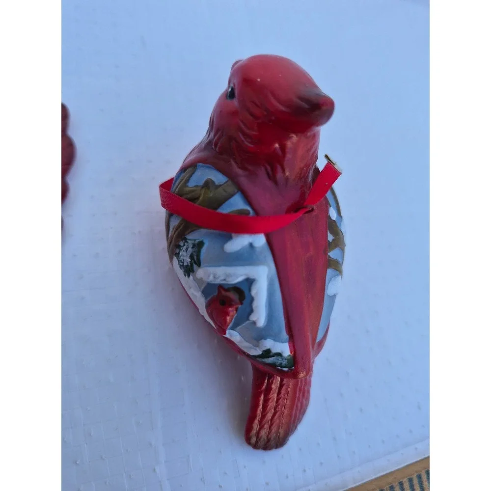 Red Cardinal Christmas Ornaments Set of 2 Winter Scene Hand Painted Bird Decor